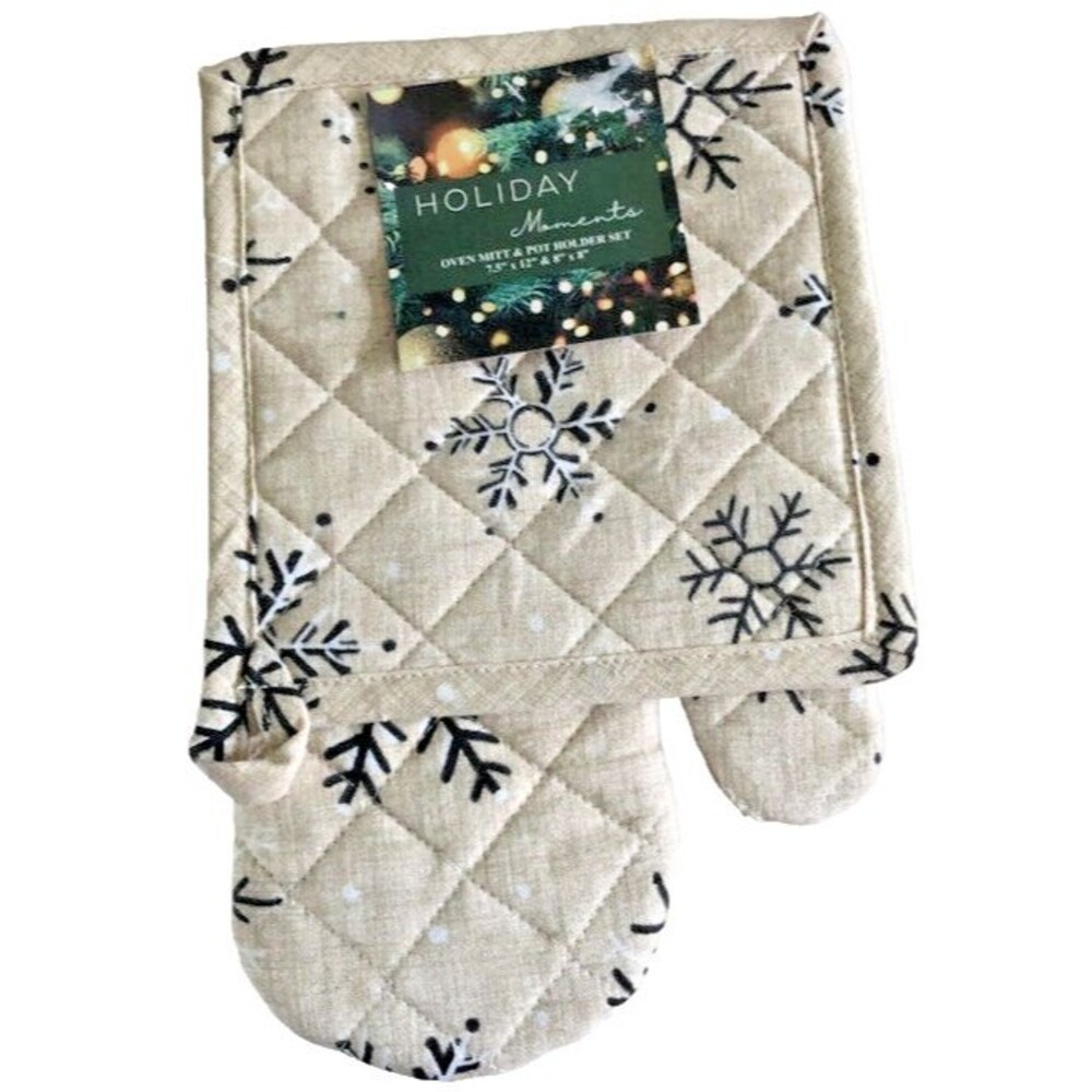 Christmas Snowflake Oven Mitt Potholder Set Beige Holiday Moments Machine Wash